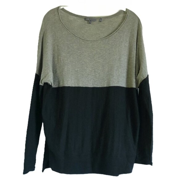 Vince Tan Black Color Block Sweater 100% Cotton Scoop Neck Drop Shoulder Stretch - Picture 1 of 15